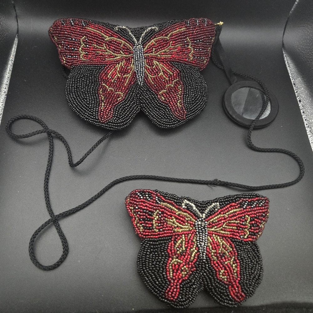 Beaded Butterfly Crossbody Bag - Black and Red